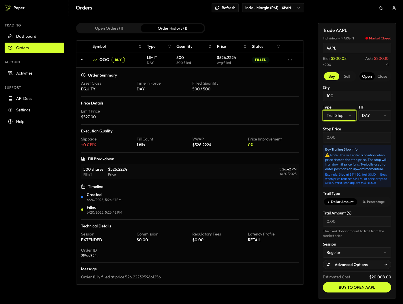 Real order execution with slippage and fees